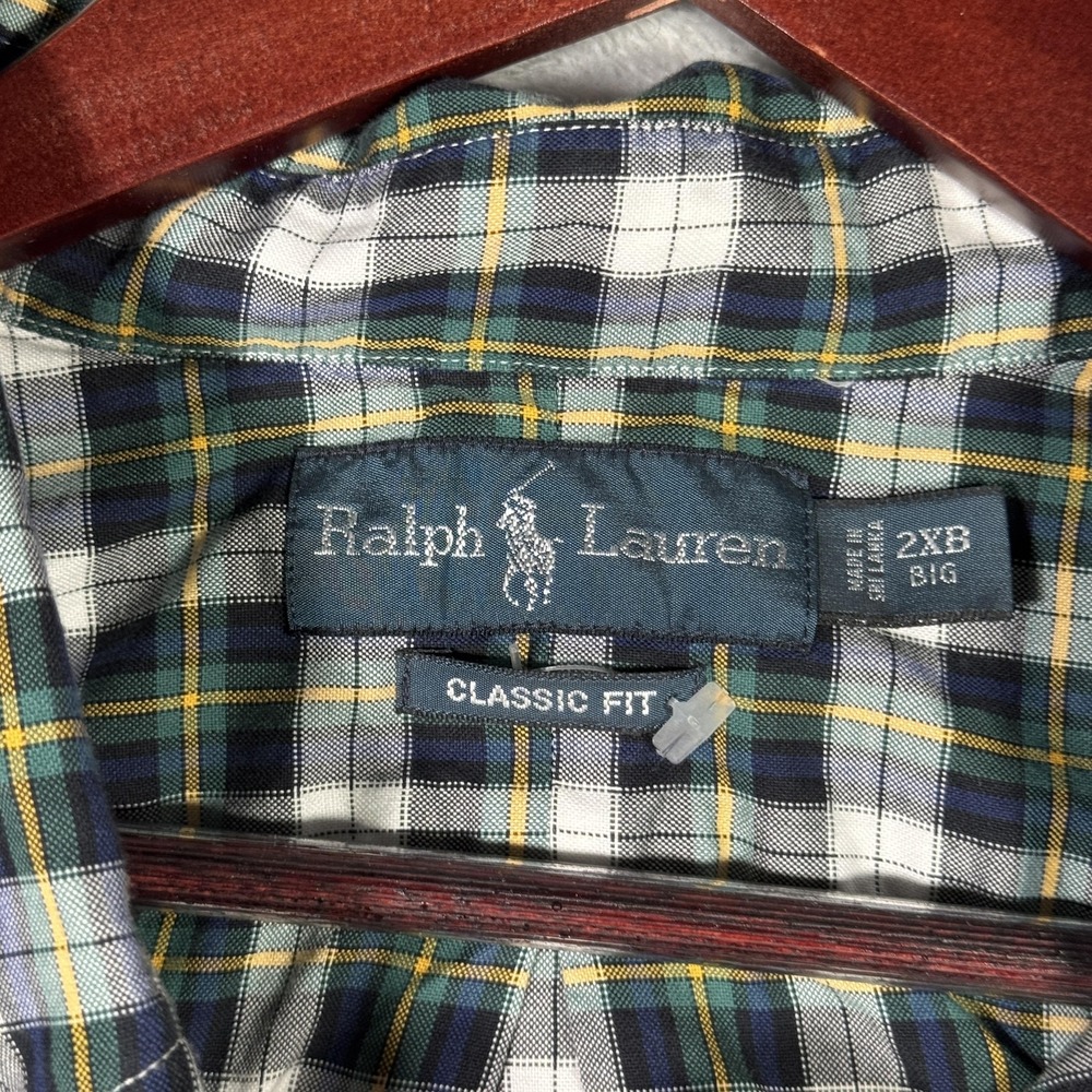 Ralph Lauren Shirt Mens 2XB 2XL Big Blue Green Plaid Classic Fit Button Down Vtg